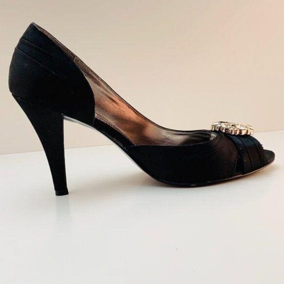 Style & Co Black Satin Peep Toe Heels With Rhinestone Embellishment - Picture 8 of 11